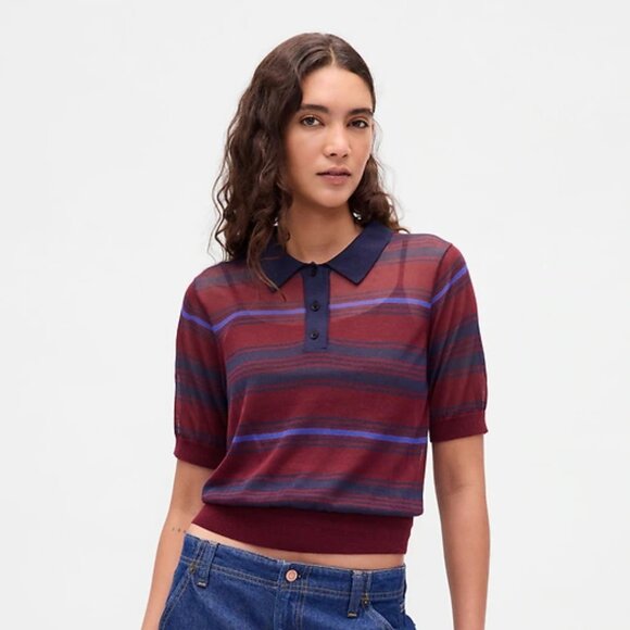 Gap - Sheer Crop Polo Sweater, Maroon/Navy striped, Sz L - Picture 1 of 7